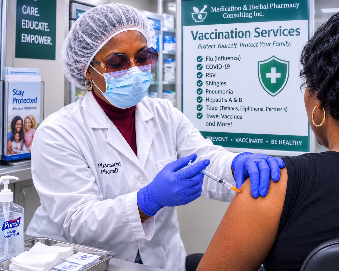 Dr. Shuayb administering a vaccine at the MHPC vaccination service counter